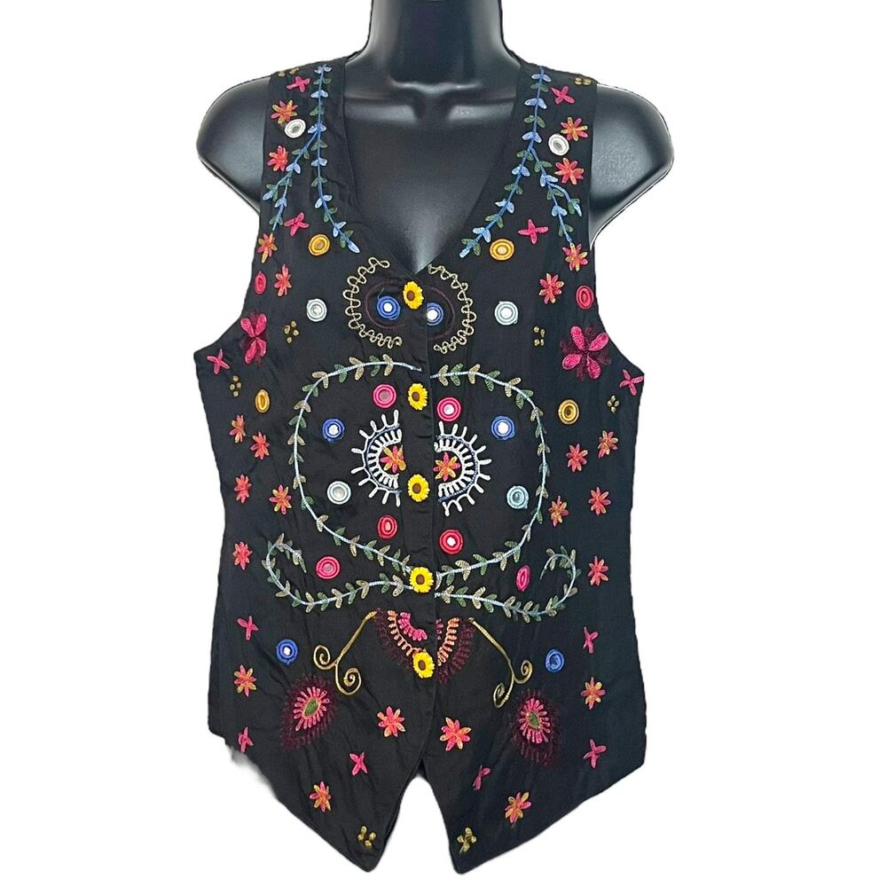 Vtg 80s 90s At Last & Co Floral Embroidered Vest Womens L Black Cottagecore Boho